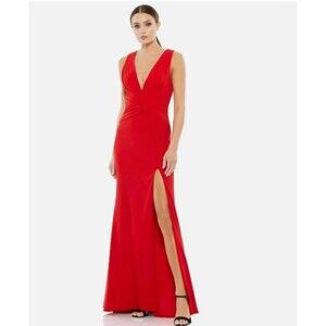 Ieena X Mac Duggal Plunging Neck Dress Size 8 Red Slit Glam Holiday Event Formal